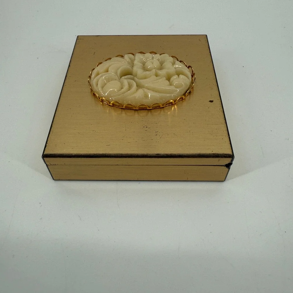 Vintage Gold Tone Floral Cameo Pill Trinket Box Blue Velvet Interior 1950s
